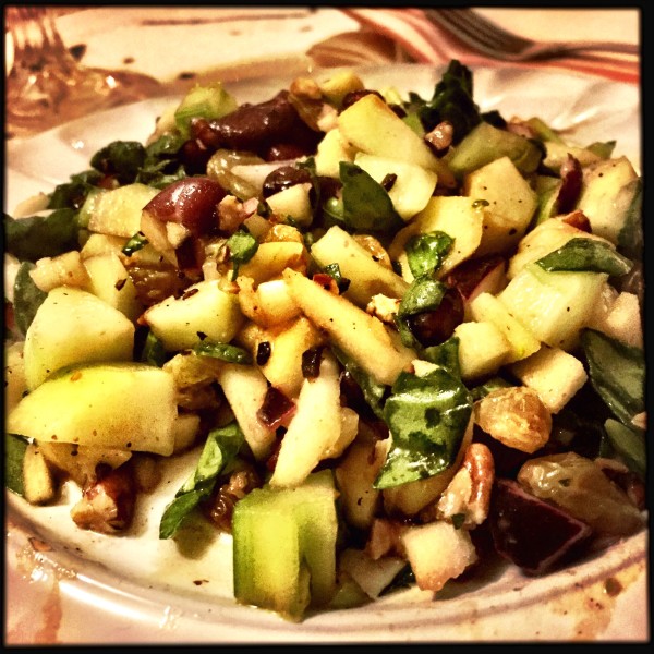 Alexis made the salad I could eat all fall, with tasty ingredients including spinach, granny smith apples, pomegranate seeds, red kidney beans, celery, minced pecans, what else?? Seriously, the flavors, the textures the summer meets fall colors. Incredible!