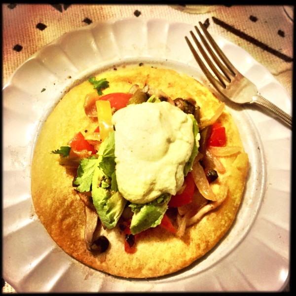 Heather's ridiculously awesome veggie taco, sauteed mushrooms and peppers, raw cashew cilantro cheese, locally sourced tortilla. The bliss bomb. 