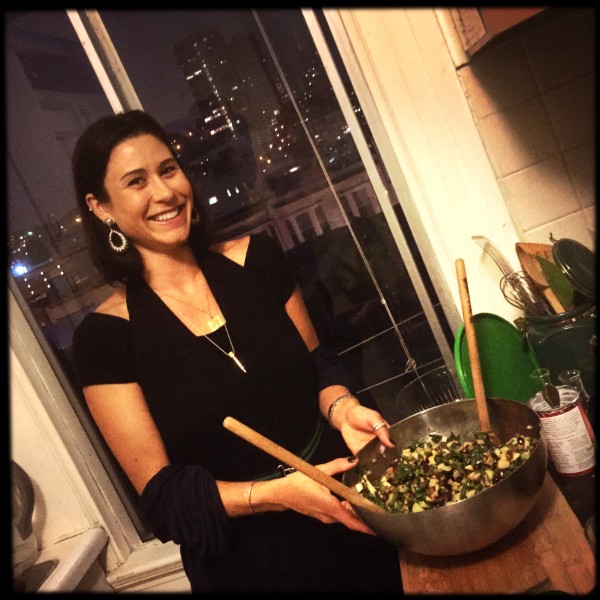 Beautiful Alexis preparing her delectable "approaching winter" salad. And hello pretty SF cityscape outside Heather's kitchen window.
