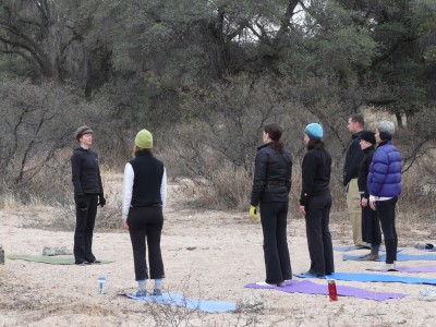 Leading morning yoga for Inner Passage Mindfulness on the Rocks Retreat. Cochise Stronghold, AZ
